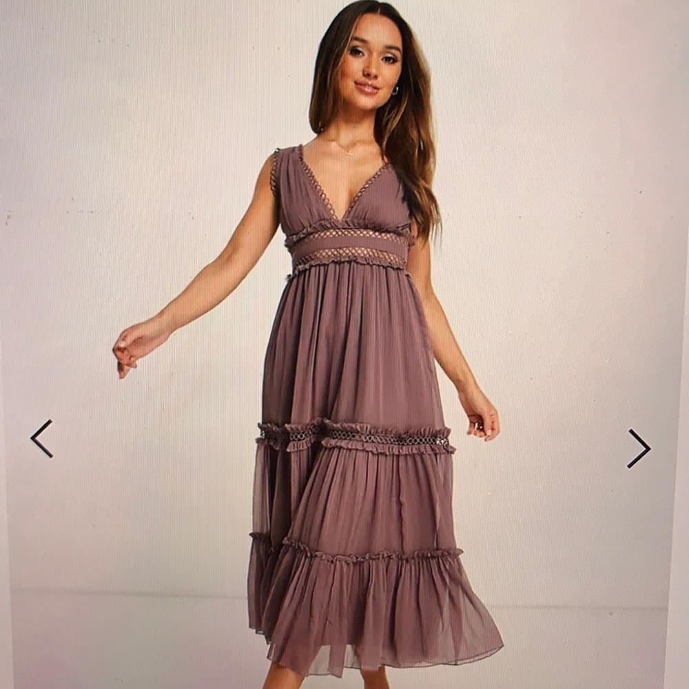 ASOS DESIGN lace insert midi dress with ruffle detail in mauve